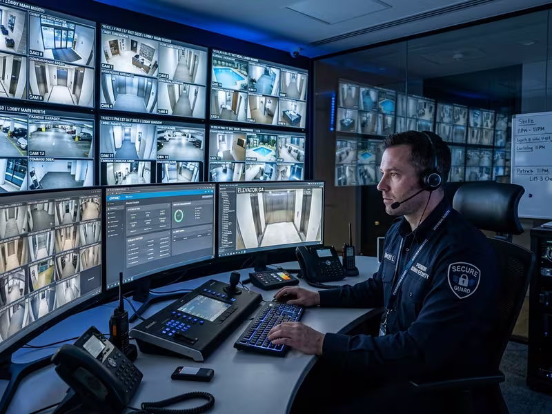 Centro de monitoreo de seguridad privada corporativa operando 24/7