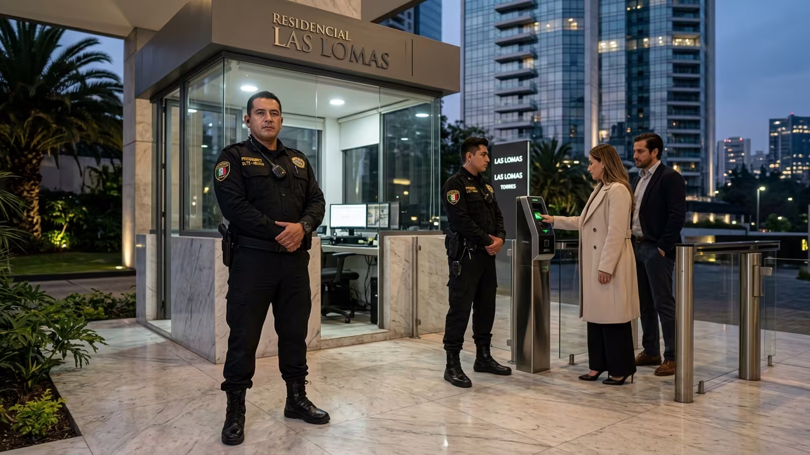 Personal de seguridad en el acceso de un condominio durante un evento