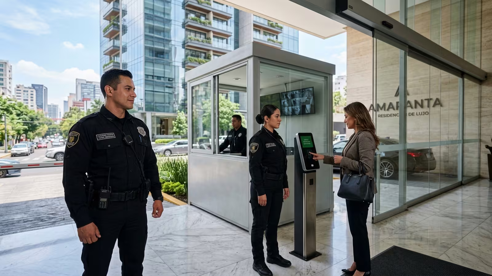 Equipo de seguridad coordinado en el acceso del condominio