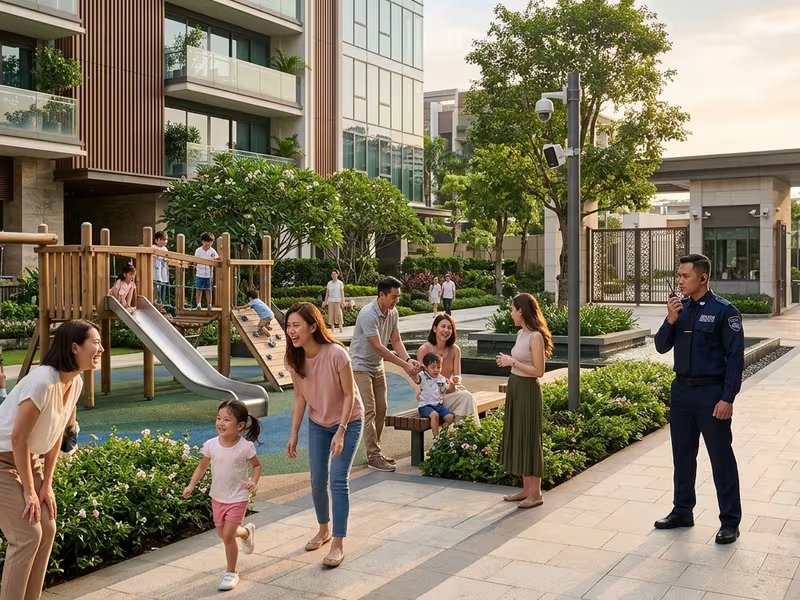 Familia en condominio residencial protegido por sistema de seguridad integral