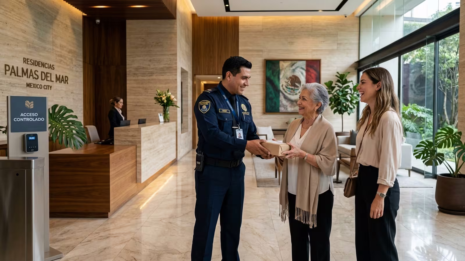 Guardia de seguridad privada controlando acceso peatonal en condominio CDMX