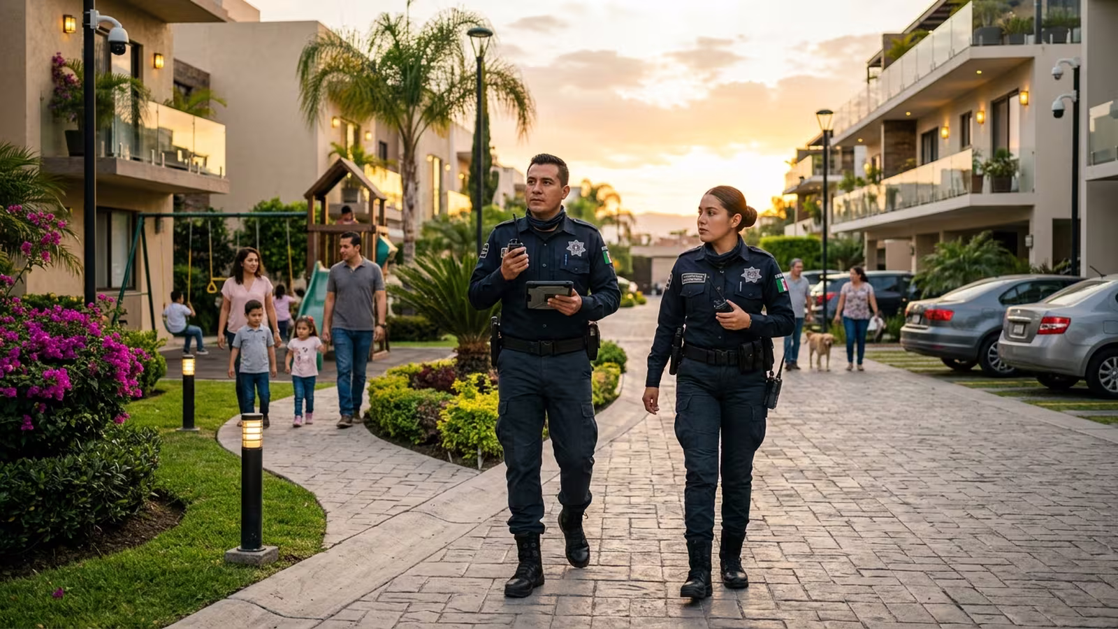 Guardia de seguridad en patrullaje dentro de un condominio residencial