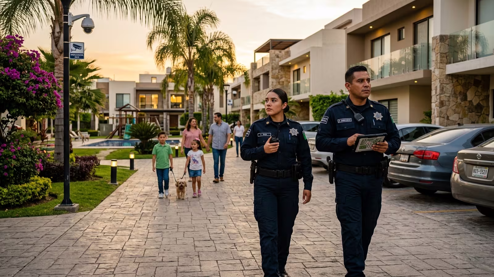 Guardias de seguridad privada realizando patrullaje en condominio residencial