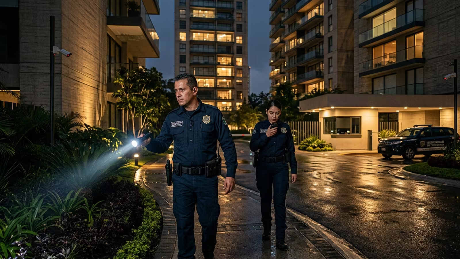 Guardia de seguridad realizando un rondín en un condominio